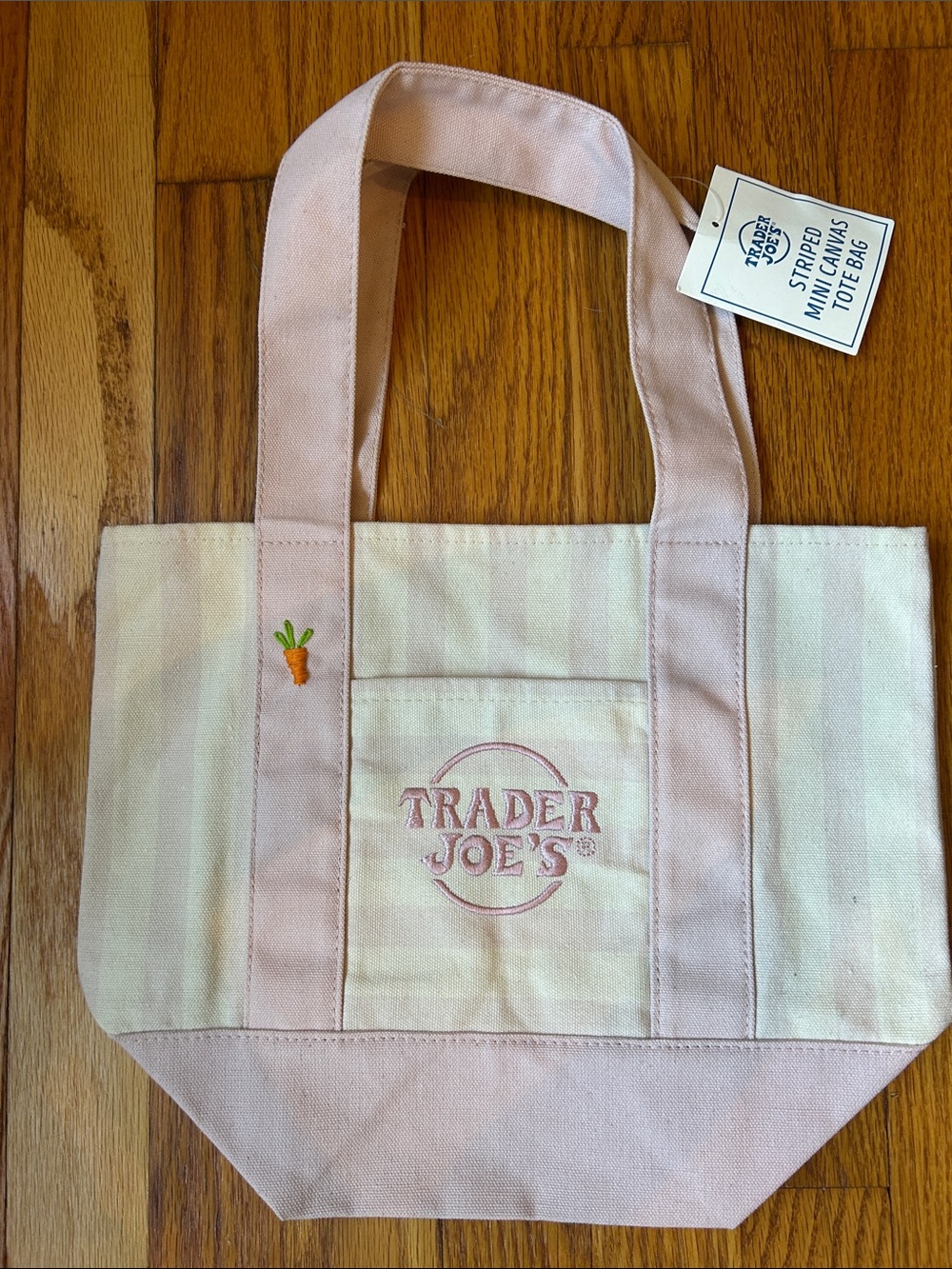 Trader Joe's Pink Striped Mini Canvas Tote Bag with Embroidered Carrot